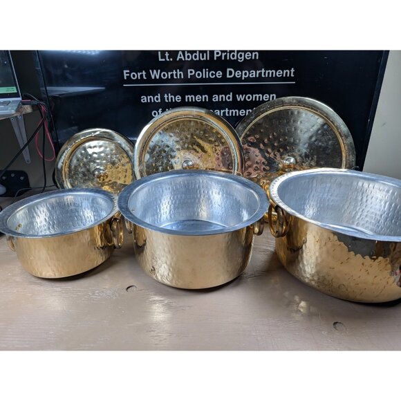 P-TAL Brass Patila Set Of 3 (1L, 3L ,5L) W/ Lids & Tin Coated Pure Brass - Picture 5 of 16